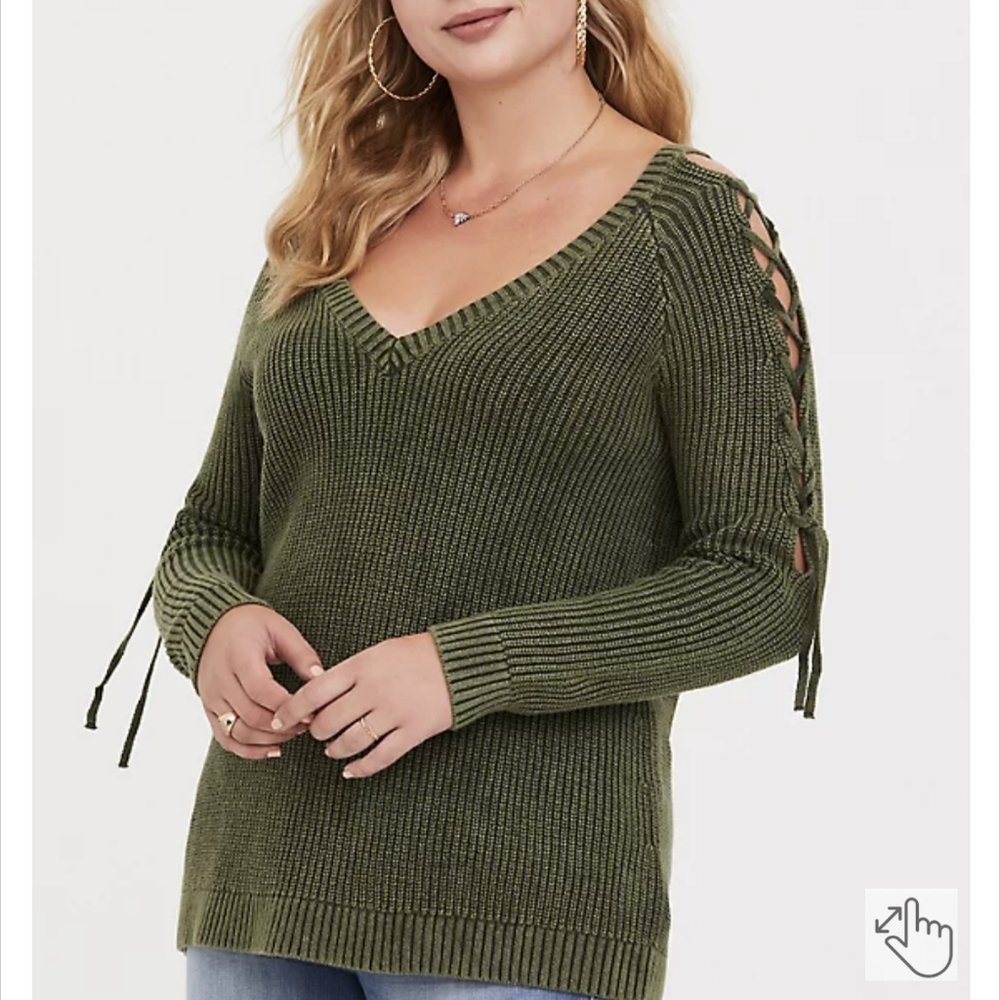 OLIVE LACE-UP COLD SHOULDER KNIT PULLOVER